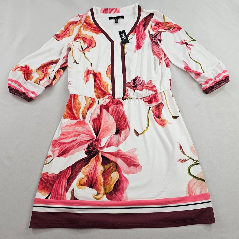 White House Black Market WHBM Floral V-Neck Tie Waist Mini Dress Red White S - Picture 5 of 13